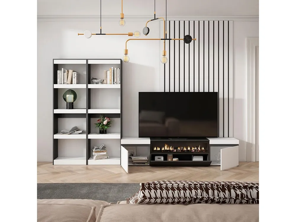 Meubels voor woonkamer, 320x186x35cm, Voor tv's tot 80", Elektrische haard, Wit en Zwart Skraut Home