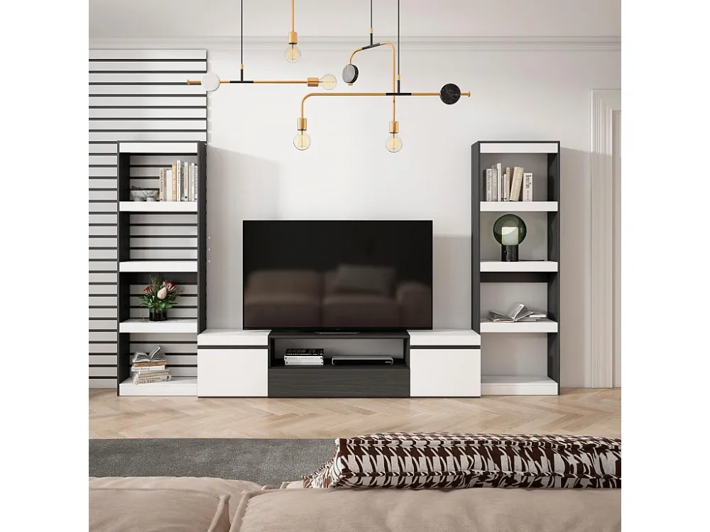 Meubels voor woonkamer, 320x186x35cm, Voor tv's tot 80", TV-Tafel, Wit en Zwart Skraut Home