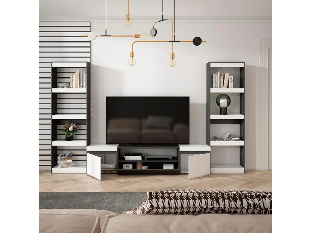 Meubels voor woonkamer, 320x186x35cm, Voor tv's tot 80", TV-Tafel, Wit en Zwart Skraut Home