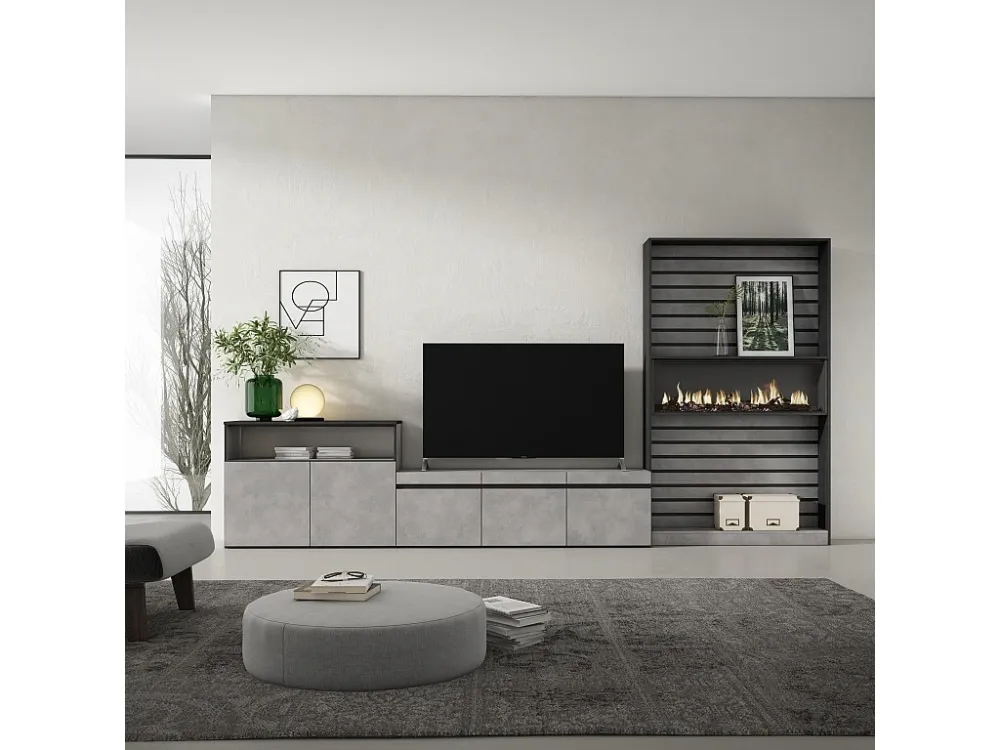 Meubels voor woonkamer, 360x186x35cm, Voor tv's tot 65", Elektrische haard, Cement Skraut Home