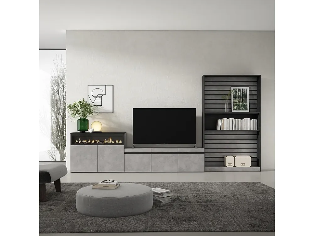 Meubels voor woonkamer, 360x186x35cm, Voor tv's tot 65", Elektrische haard, Cement Skraut Home