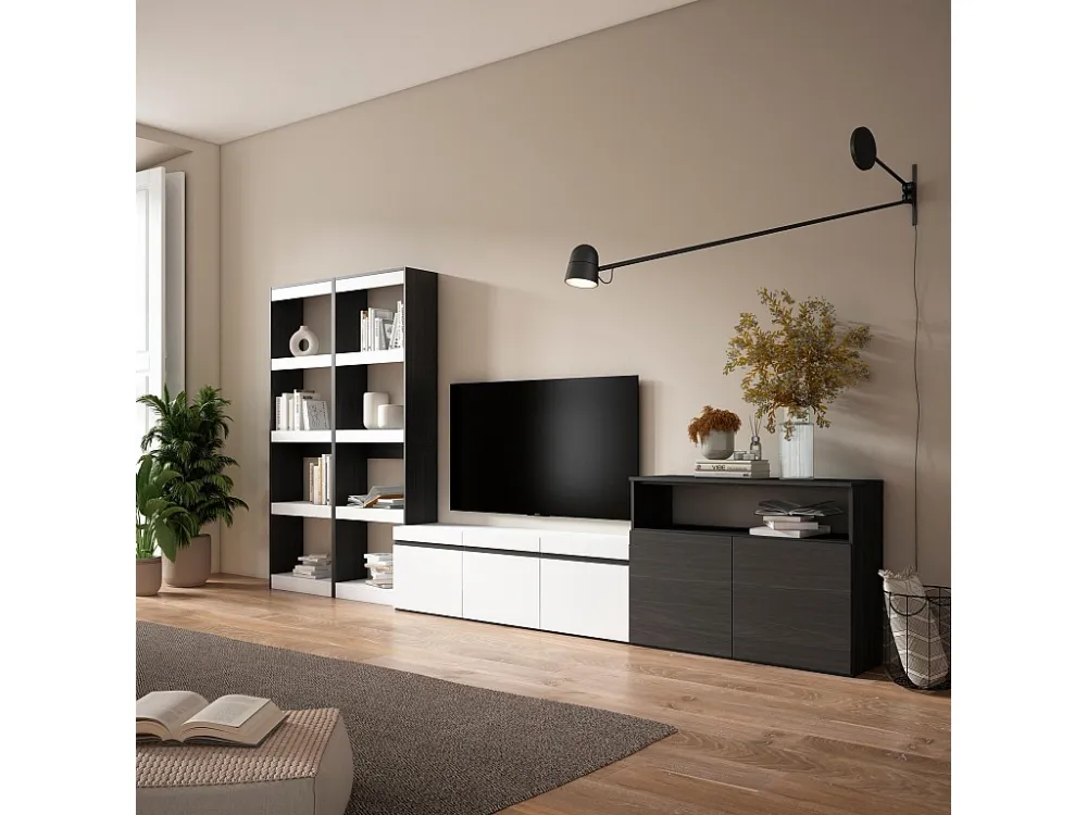 Meubels voor woonkamer, 370x186x35cm, Voor tv's tot 65", TV-Tafel, Wit en Zwart Skraut Home