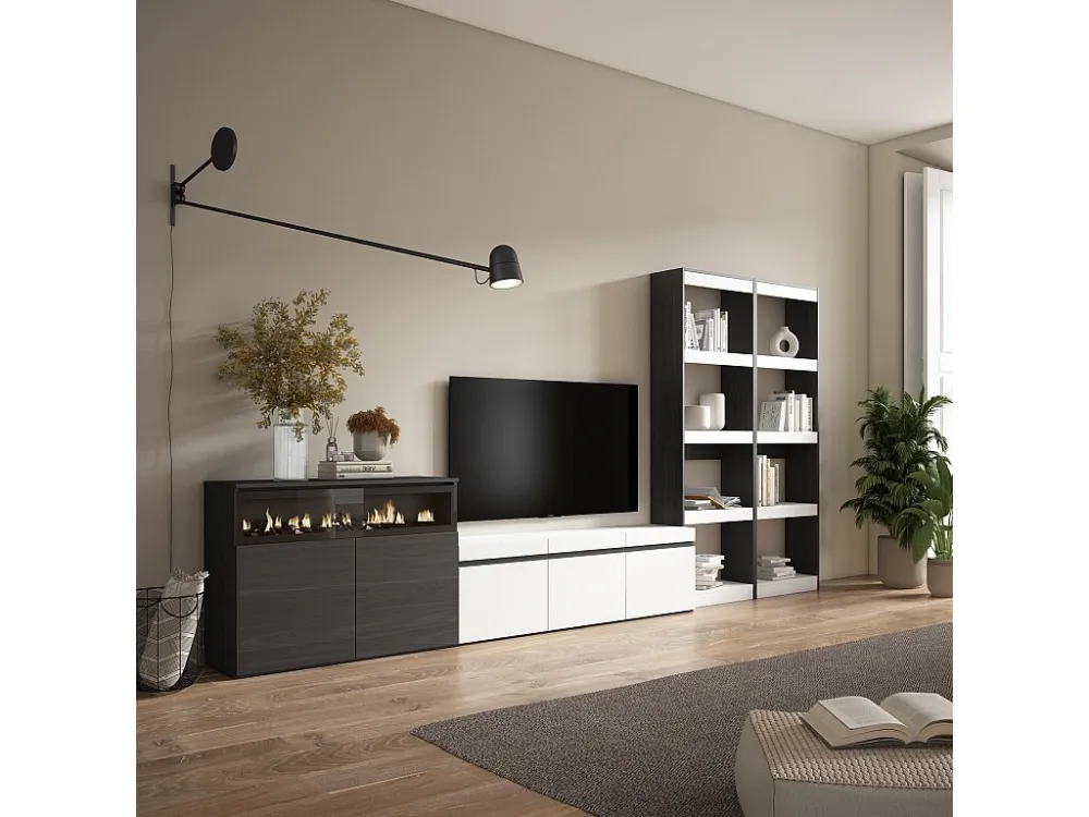 Meubels voor woonkamer, 370x186x35cm, Voor tv's tot 65", Elektrische haard, Wit en Zwart Skraut Home