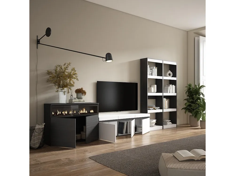 Meubels voor woonkamer, 370x186x35cm, Voor tv's tot 65", Elektrische haard, Wit en Zwart Skraut Home
