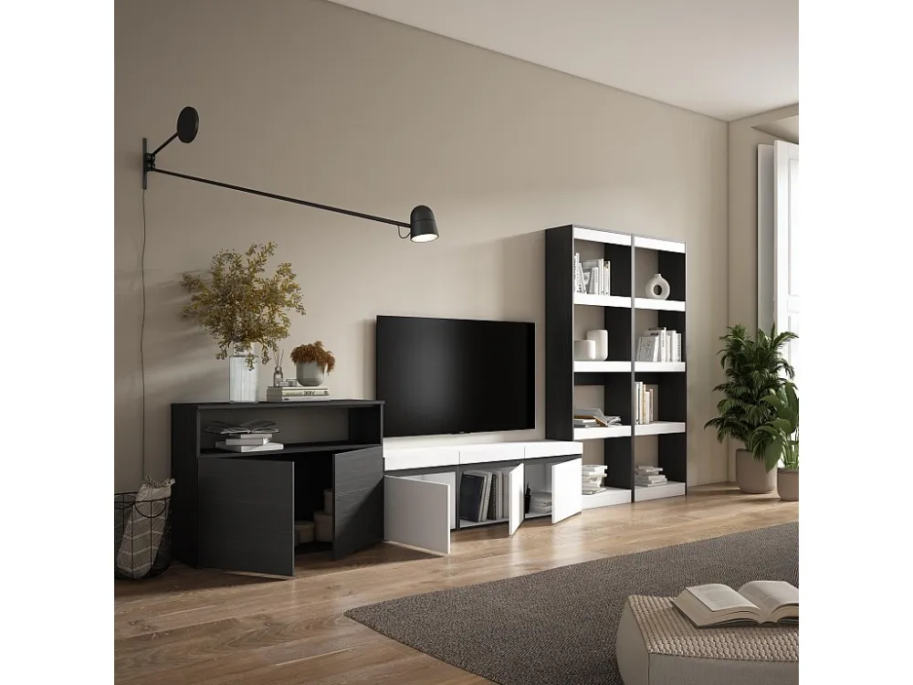 Meubels voor woonkamer, 370x186x35cm, Voor tv's tot 65", TV-Tafel, Wit en Zwart Skraut Home