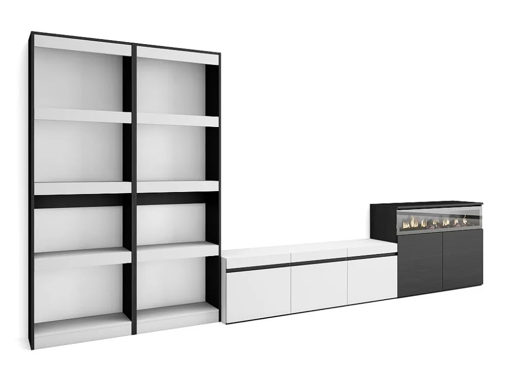 Meubels voor woonkamer, 370x186x35cm, Voor tv's tot 65", Elektrische haard, Wit en Zwart Skraut Home