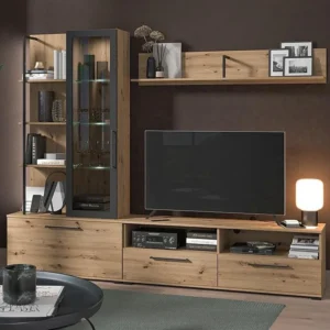 Tv-wand - 3 deuren, 1 glazen deur, 2 nissen en 7 planken - Kleur: eiken en zwart - DUBLIN