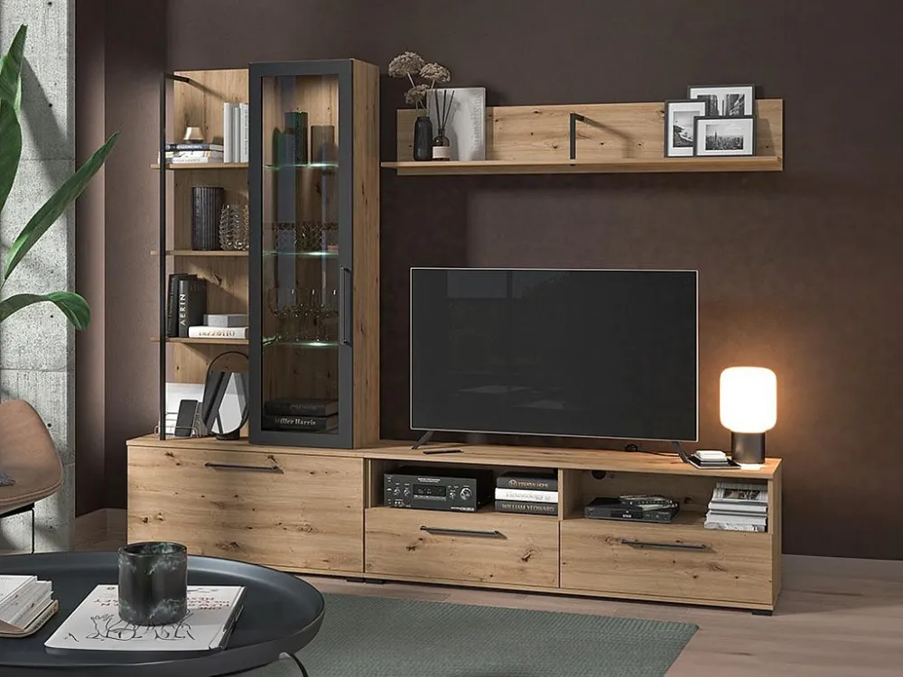 Tv-wand - 3 deuren, 1 glazen deur, 2 nissen en 7 planken - Kleur: eiken en zwart - DUBLIN