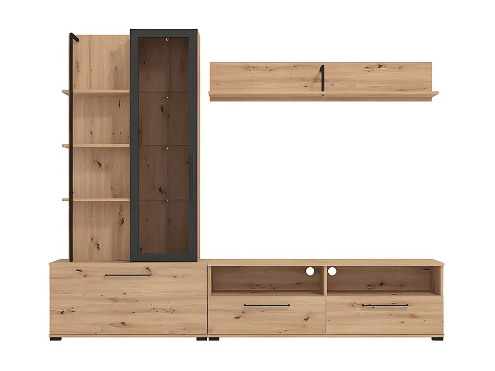 Tv-wand - 3 deuren, 1 glazen deur, 2 nissen en 7 planken - Kleur: eiken en zwart - DUBLIN