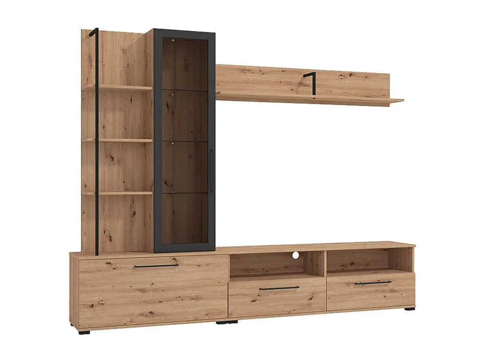 Tv-wand - 3 deuren, 1 glazen deur, 2 nissen en 7 planken - Kleur: eiken en zwart - DUBLIN