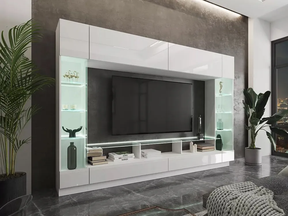 TV-wand met opbergruimte en LED's - Gelakt wit - BRIANO