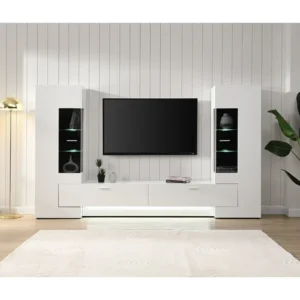 Tv-wand met opbergruimte en ledverlichting MDF en glas - Wit en zwart - BANTRY