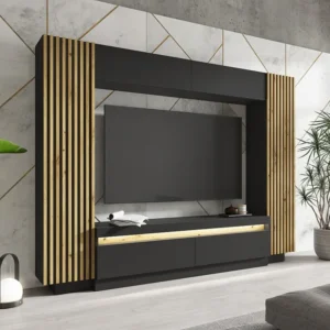 Tv-wand met opbergruimte - Ledverlichting - zwart en naturel - LIONEA
