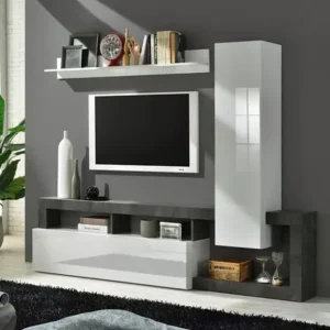Tv-wand met opbergruimte - Wit gelakt en betongrijs - SEFRO II