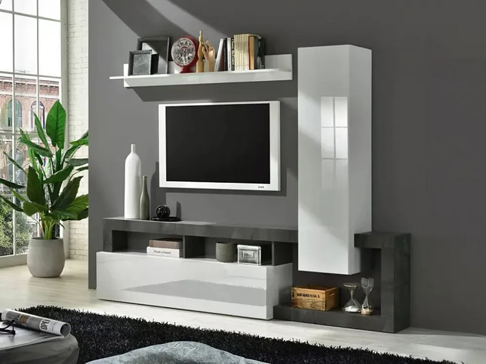 Tv-wand met opbergruimte - Wit gelakt en betongrijs - SEFRO II