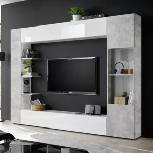 Tv-wand met opbergruimte, wit gelakt met betoneffect SIRIUS