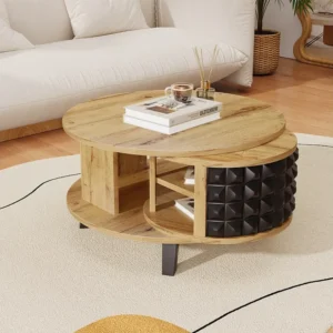 Ronde salontafel met draaibare opbergplanken - 85,2 x 80 x 45,2 cm - spaanplaat - naturel + zwart Merax