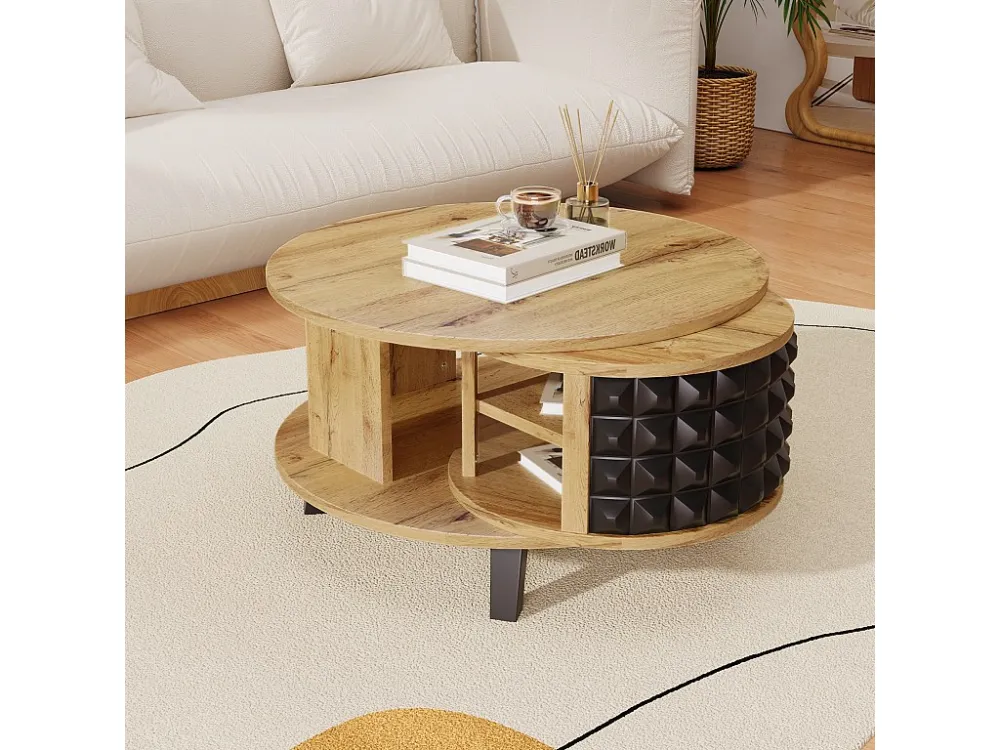 Ronde salontafel met draaibare opbergplanken - 85,2 x 80 x 45,2 cm - spaanplaat - naturel + zwart Merax