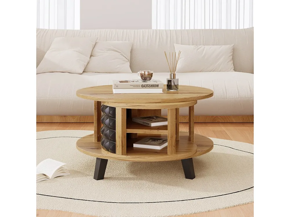 Ronde salontafel met draaibare opbergplanken - 85,2 x 80 x 45,2 cm - spaanplaat - naturel + zwart Merax