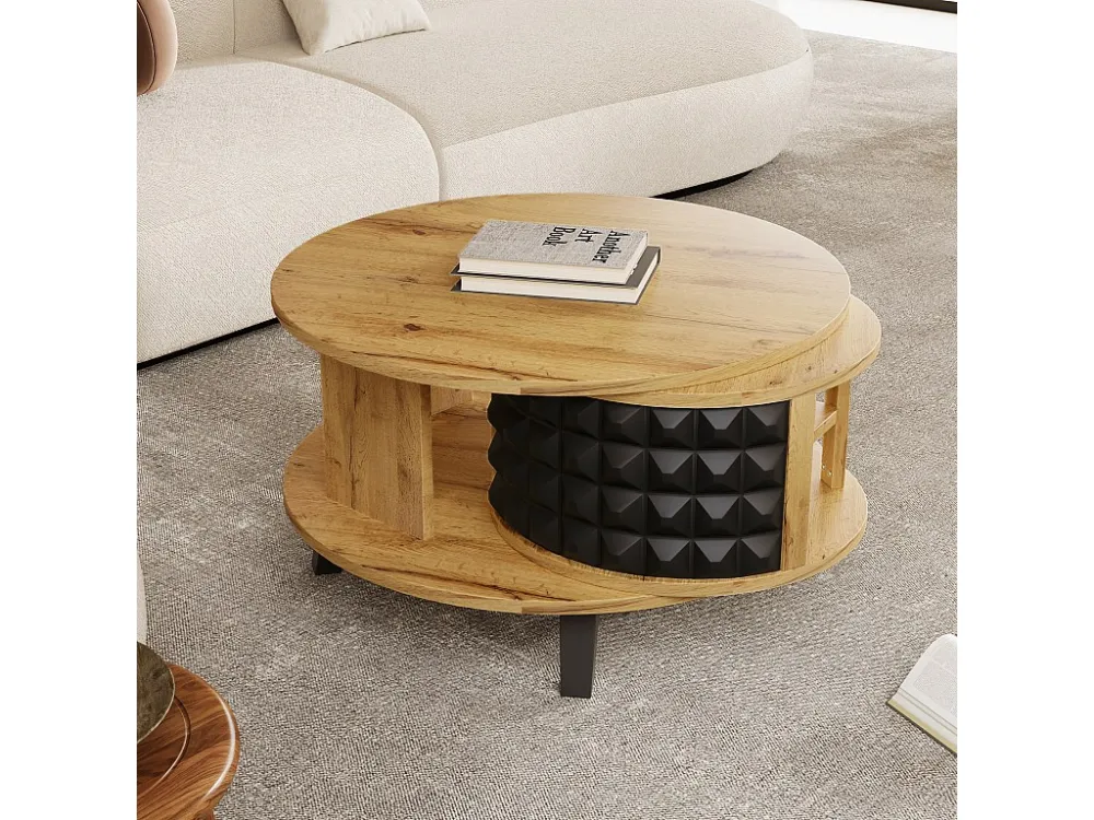 Ronde salontafel met draaibare opbergplanken - 85,2 x 80 x 45,2 cm - spaanplaat - naturel + zwart Merax