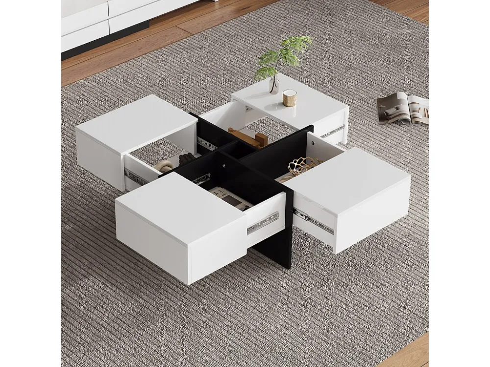 Salontafel met 4 verborgen vakken - 70 x 70 x 35 cm - spaanplaat - wit Merax