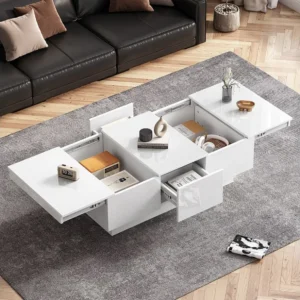 Uitschuifbare salontafel met 2 lades en 2 verborgen vakken - 100 x 55 x 35 cm - spaanplaat - glanzend wit Merax