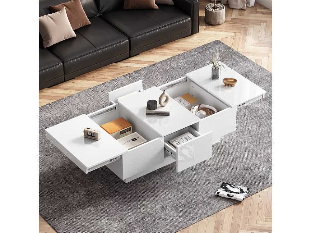 Uitschuifbare salontafel met 2 lades en 2 verborgen vakken - 100 x 55 x 35 cm - spaanplaat - glanzend wit Merax
