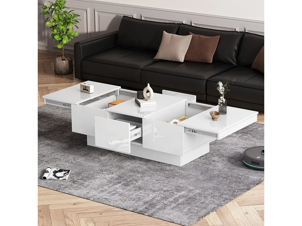 Uitschuifbare salontafel met 2 lades en 2 verborgen vakken - 100 x 55 x 35 cm - spaanplaat - glanzend wit Merax