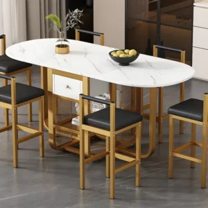 Set tafel en 6 stoelen - uitschuifbare klaptafel met lades - stoelen met kunstleren kussen - Wit & Goud ModernLuxe