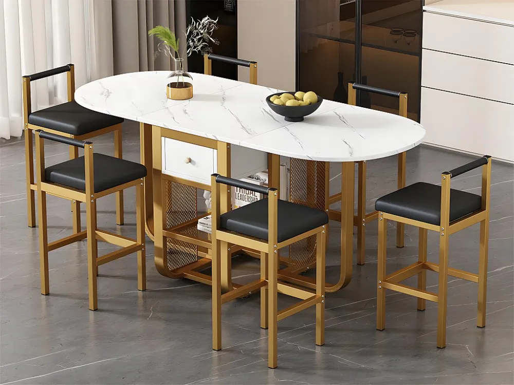 Set tafel en 6 stoelen - uitschuifbare klaptafel met lades - stoelen met kunstleren kussen - Wit & Goud ModernLuxe