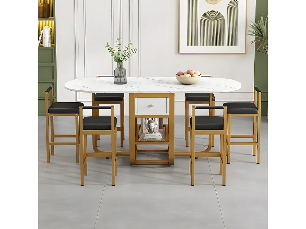 Set tafel en 6 stoelen - uitschuifbare klaptafel met lades - stoelen met kunstleren kussen - Wit & Goud ModernLuxe