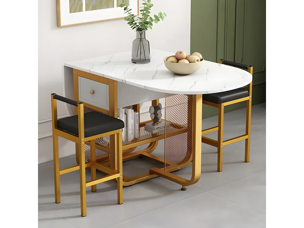 Set tafel en 6 stoelen - uitschuifbare klaptafel met lades - stoelen met kunstleren kussen - Wit & Goud ModernLuxe
