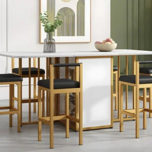 Set tafel en 6 stoelen - uitschuifbare klaptafel - stoelen met kunstleer kussen - Wit & Goud ModernLuxe