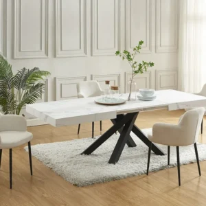 Eettafel 6 tot 10 plaatsen van mdf en metaal - Wit en zwart marmereffect - CATONAV