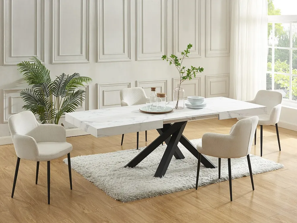 Eettafel 6 tot 10 plaatsen van mdf en metaal - Wit en zwart marmereffect - CATONAV