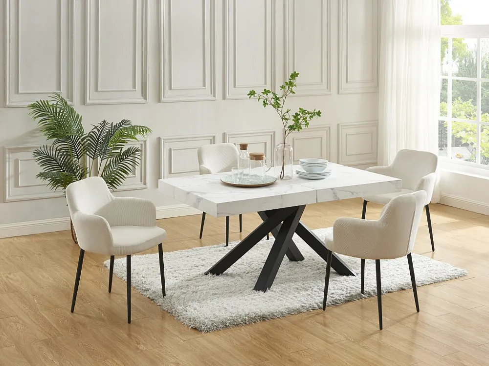 Eettafel 6 tot 10 plaatsen van mdf en metaal - Wit en zwart marmereffect - CATONAV