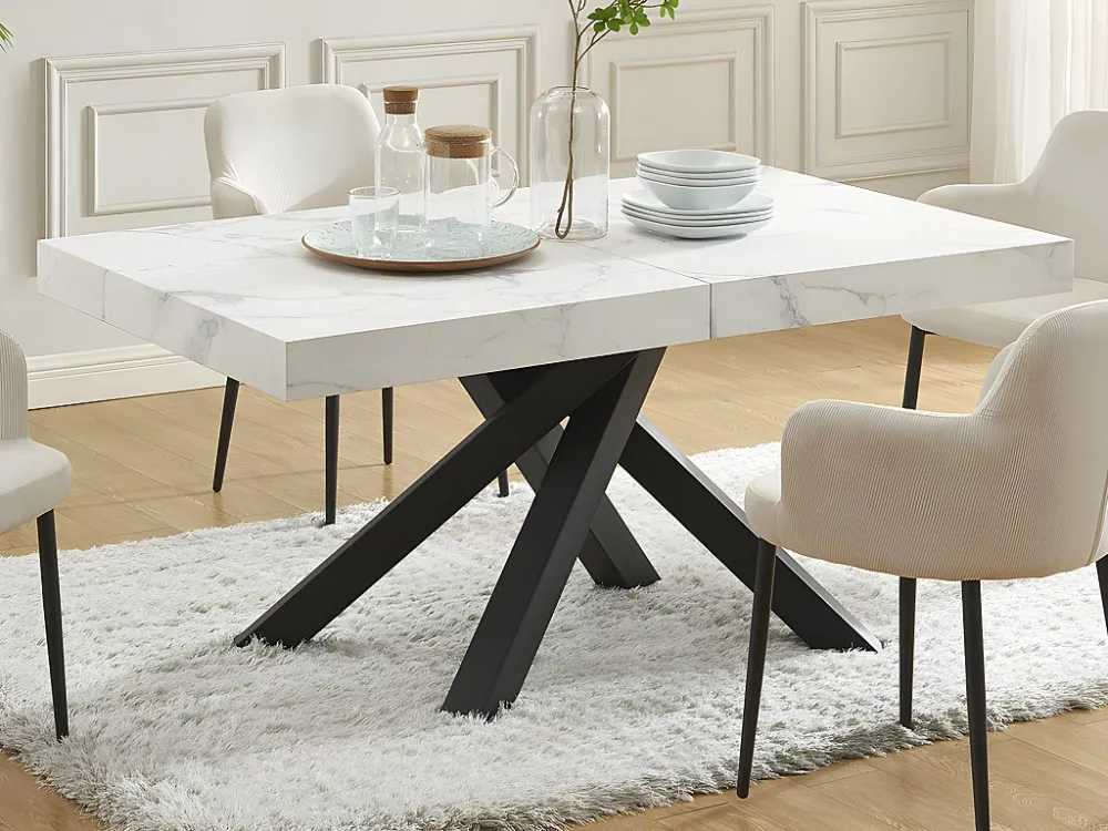 Eettafel 6 tot 10 plaatsen van mdf en metaal - Wit en zwart marmereffect - CATONAV