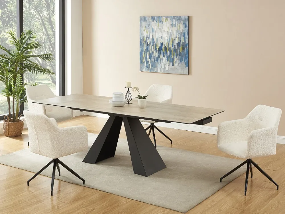 Eettafel van gehard glas, keramiek en metaal - Licht naturel en zwart - LOZIPA Maison Céphy