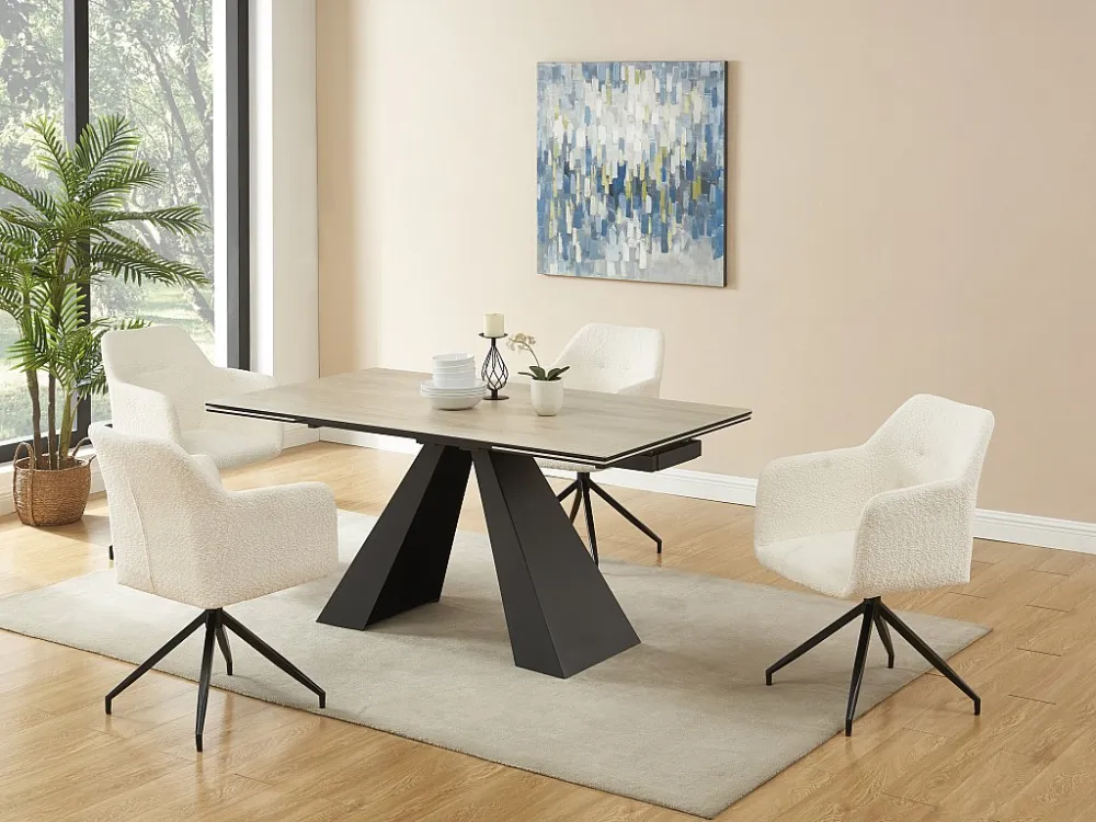 Eettafel van gehard glas, keramiek en metaal - Licht naturel en zwart - LOZIPA Maison Céphy
