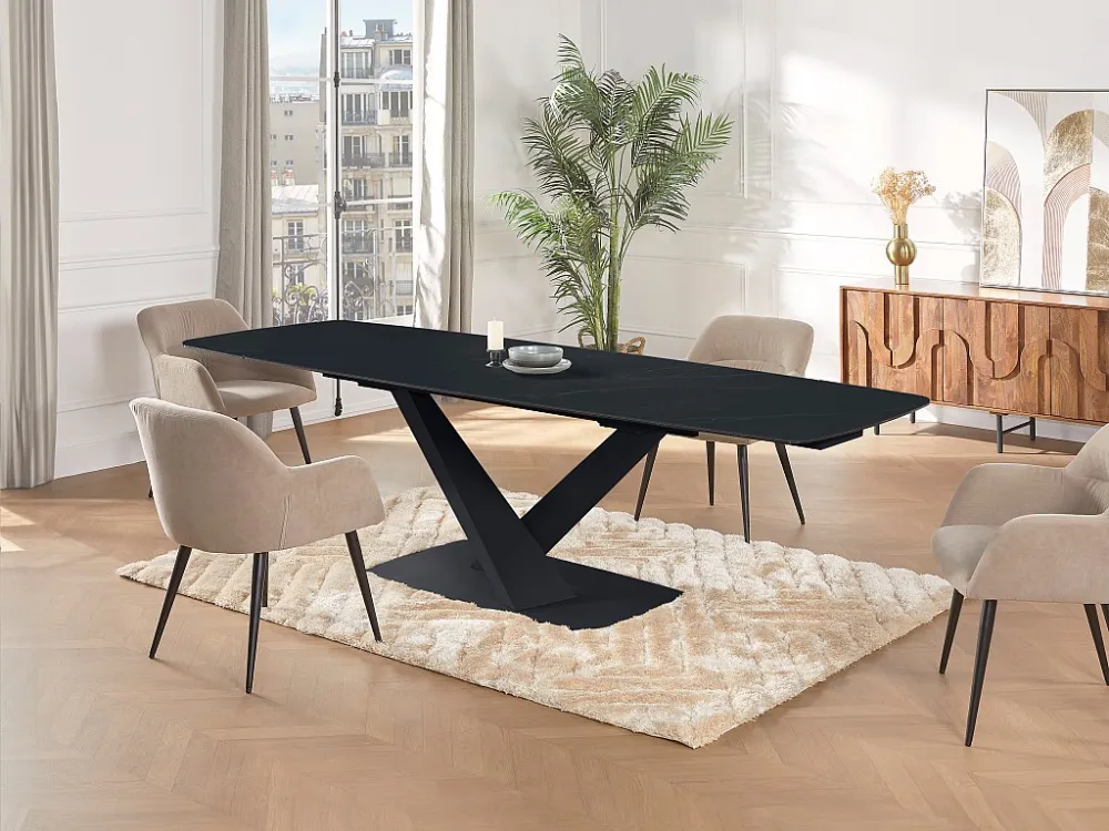 Eettafel van gehard glas, keramiek en metaal - Zwart marmereffect - MALATA Maison Céphy