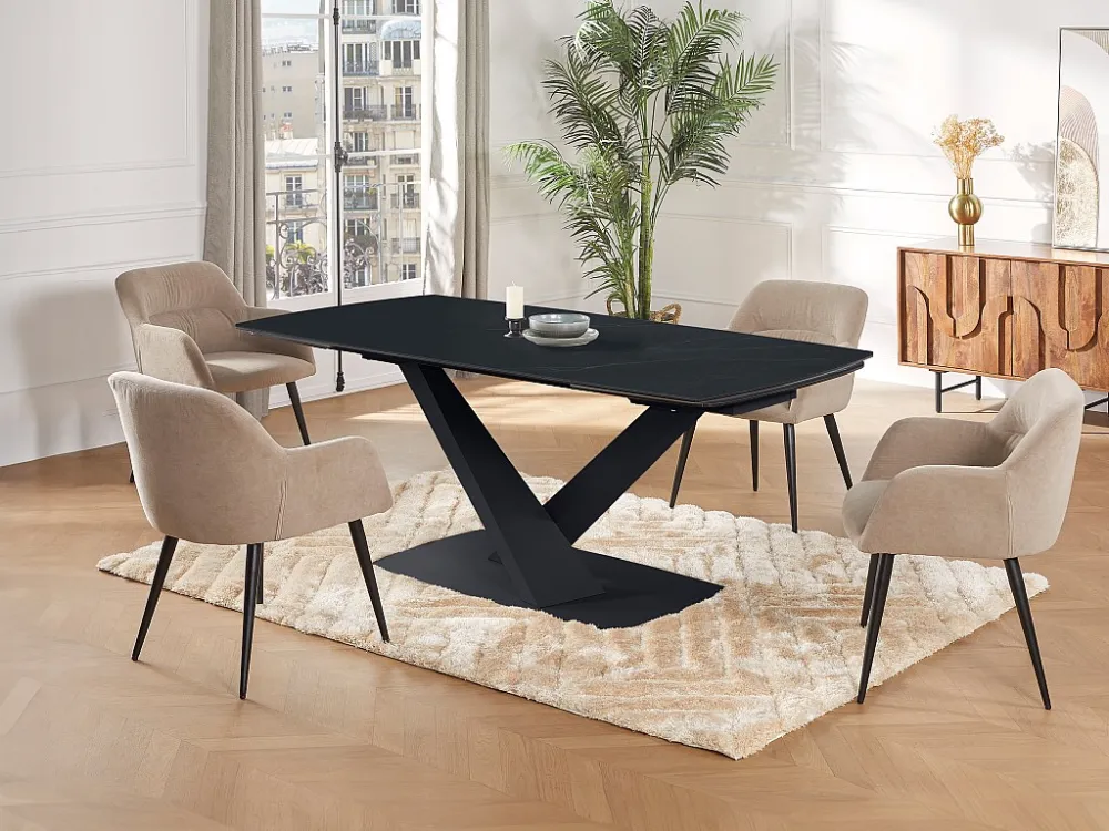 Eettafel van gehard glas, keramiek en metaal - Zwart marmereffect - MALATA Maison Céphy