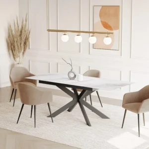 Uitschuifbare eettafel voor 6 tot 8 personen. Glas en keramiek. Wit marmereffect. ALBINA Maison Céphy