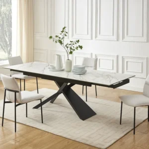 Uitschuifbare tafel keramiek, gehard glas, metaal - Witte marmerlook en zwart - LUMIEL Maison Céphy