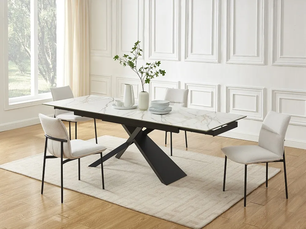 Uitschuifbare tafel keramiek, gehard glas, metaal - Witte marmerlook en zwart - LUMIEL Maison Céphy