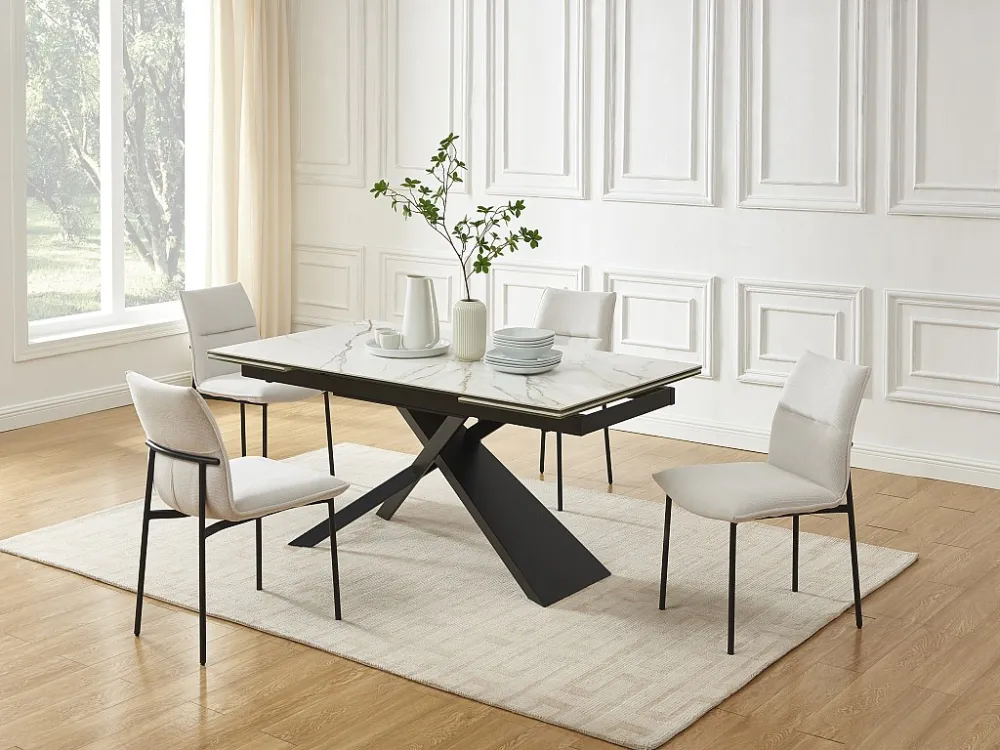 Uitschuifbare tafel keramiek, gehard glas, metaal - Witte marmerlook en zwart - LUMIEL Maison Céphy