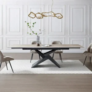 Verlengbare eettafel 6 tot 10 personen - Keramiek, glas - Beige travertijn-effect - LIONIZA Maison Céphy