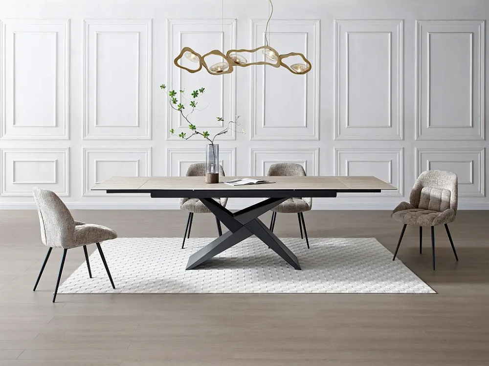 Verlengbare eettafel 6 tot 10 personen - Keramiek, glas - Beige travertijn-effect - LIONIZA Maison Céphy