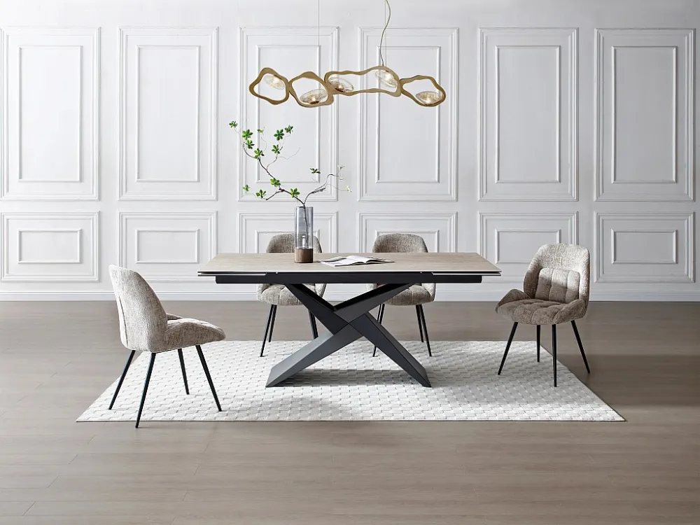 Verlengbare eettafel 6 tot 10 personen - Keramiek, glas - Beige travertijn-effect - LIONIZA Maison Céphy