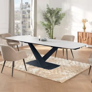 Verlengbare eettafel van keramiek en metaal - Wit en zwart marmereffect - MALATA Maison Céphy