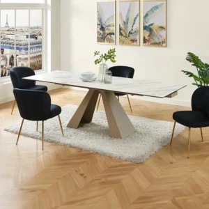 Verlengbare eettafel van keramiek en metaal - Wit en beige marmerect - LOZIPA Maison Céphy